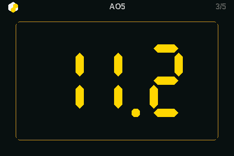 SolveBlock timing a solve: a large amber seven-segment readout, the mode, and the solve number.